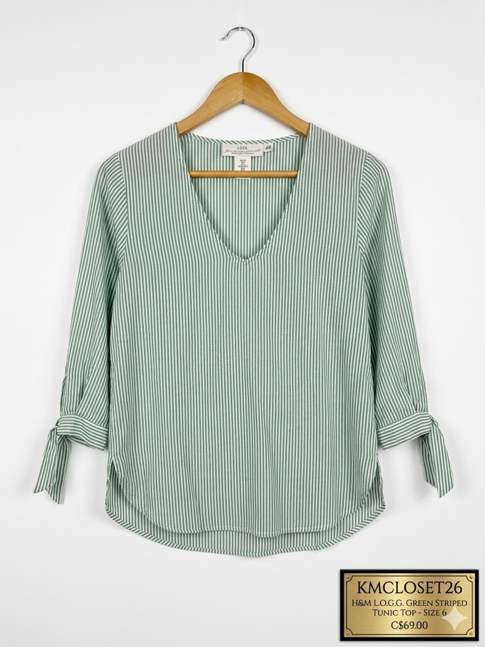 H&M L.O.G.G. Green Striped Tunic Top Tie 3/4 Sleeve Size 6